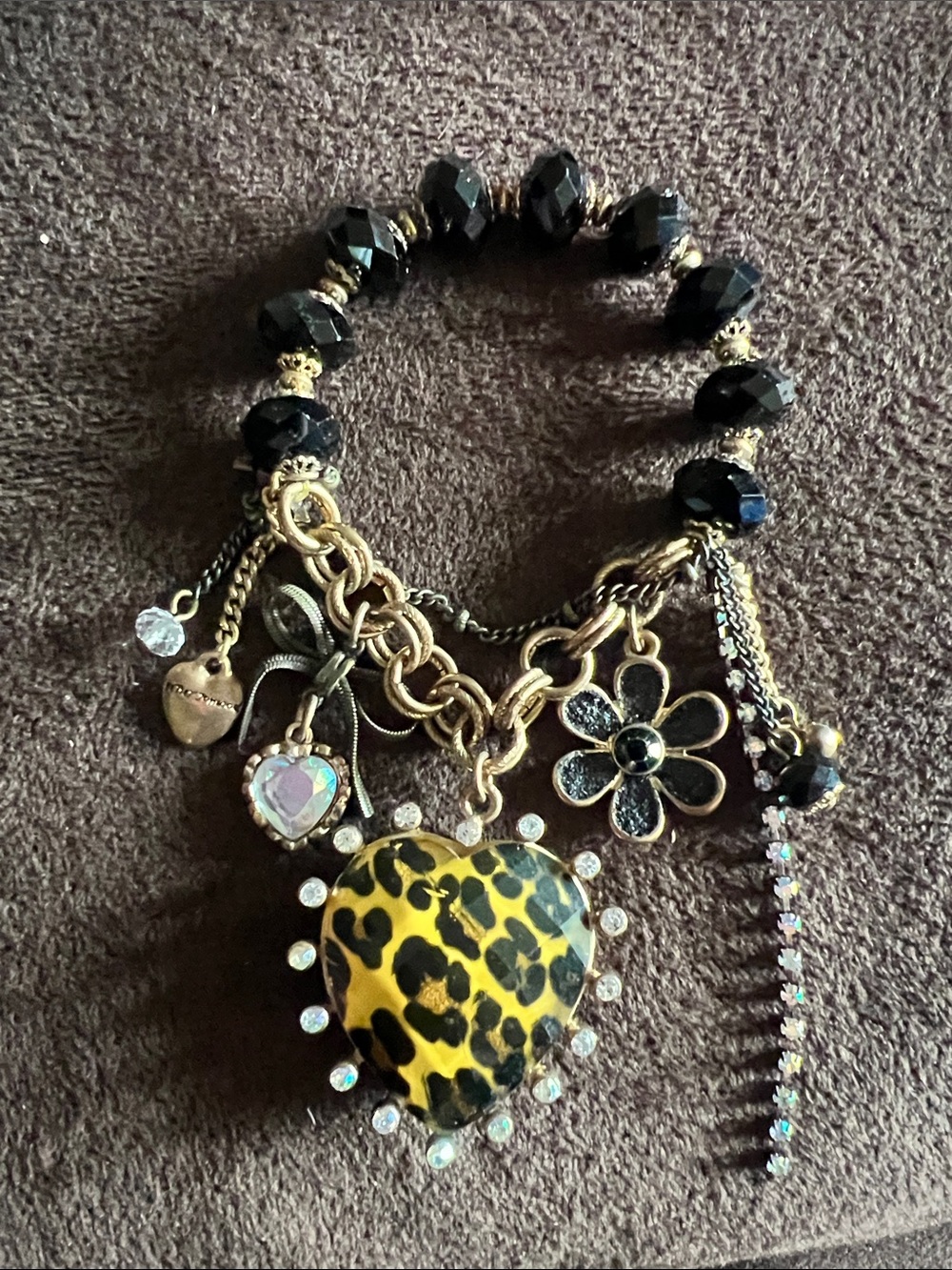 Betsey Johnson Black Beaded Bracelet with Yellow Leopard Heart Charm